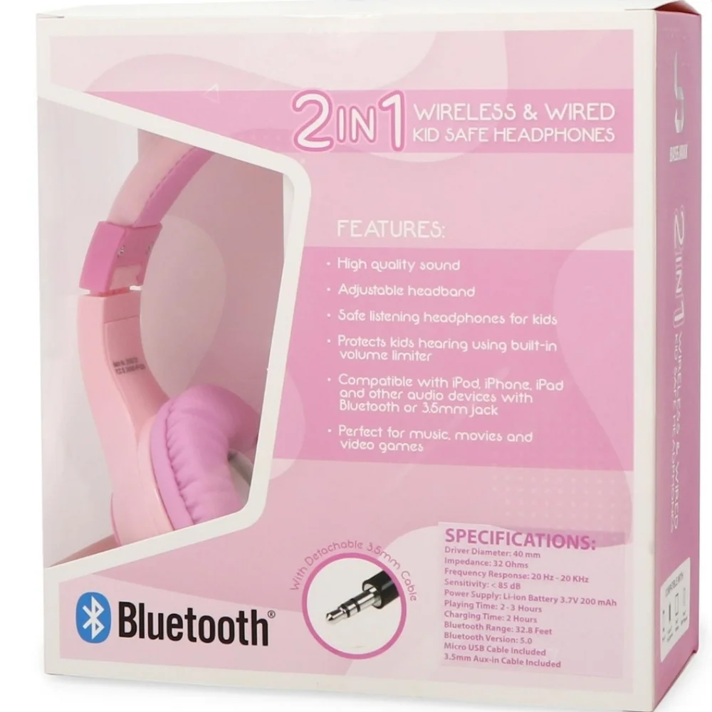 Pink 2-in-1 Wireless & Wired Kid Safe Headphones